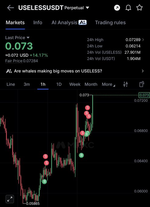 A mobile screenshot shows the USELESS/USDT perpetual futures trading chart on what appears to be a crypto exchange, displaying a 14.17% surge to $0.073 with a 24-hour high of 0.07289 and trading volume of 27.901M USELESS tokens. The 1-hour candlestick chart illustrates a sharp recent price spike from a low of 0.05865, marked with several sell (S) and buy (B) signal indicators reflecting volatile activity in the $USELESS meme token.