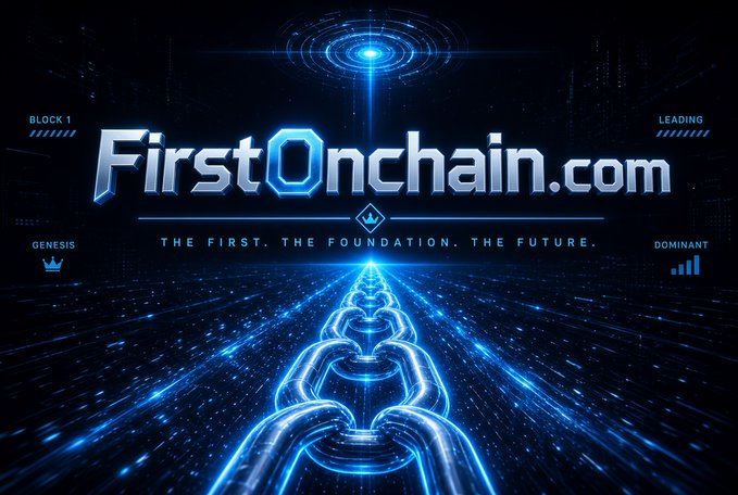 The image features a futuristic, glowing blue chain stretching into the horizon beneath the text "FirstOnchain.com," with the tagline "THE FIRST. THE FOUNDATION. THE FUTURE." flanked by labels "BLOCK 1," "LEADING," "GENESIS," and "DOMINANT"—reinforcing the post's message about claiming first-mover dominance in the onchain economy.