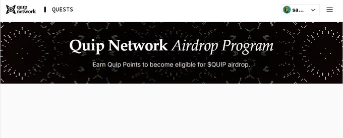 Screenshot of the Quip Network website displaying a banner for the 'Quip Network Airdrop Program' where users earn Quip Points to become eligible for the $QUIP airdrop, under a 'QUESTS' tab.