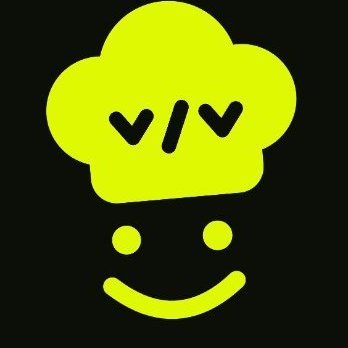 A minimalist lime green graphic logo featuring a smiling face wearing a chef's hat, set against a black background.