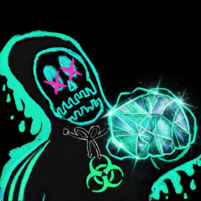 A neon green sketch on a black background depicts a grim reaper-like hooded figure holding a glowing green gem, with a pink X marking where eyes would be and a small green bow below.