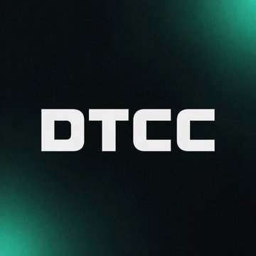 The image features a logo for a company named DTCC, which stands out against a black background. The logo consists of white text that reads "DTCC" in capital letters. Below this, there's a small description of what the company does, stating that they are planning to integrate their tokenized securities platform with the Stellar network by H1 2027.