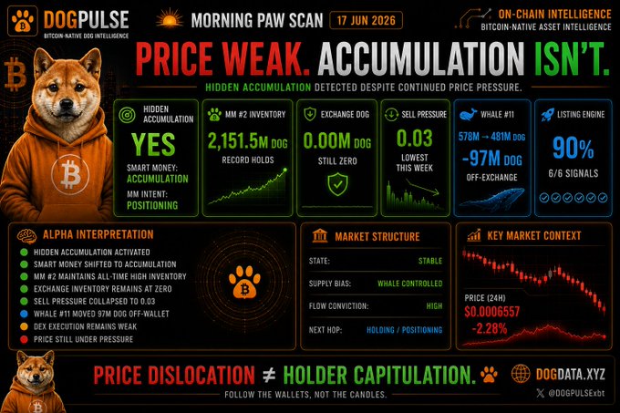 The image shows a dog wearing an orange hoodie standing next to a screen displaying various data tables related to the price of Bitcoin, which seem to show fluctuations in value over time. The text in the image suggests that the current price for Bitcoin is low, possibly indicating a market dislocation or price pressure. Additionally, there are references to the "Two days of price pressure" and the "Whale #11 moved again overnight." These statements might be referring to recent events like whale trading activities or sudden price movements in response to news stories surrounding Bitcoin transactions. The post also includes a chart that lists down what is inside the wallet, which may provide insights into factors impacting Bitcoin prices and market sentiment, further emphasizing the connection between the image's content and the ongoing discussions about Bitcoin trends and valuations.