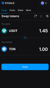 A screenshot of the STON.fi platform shows a token swap interface where 1.45 USDT is being exchanged for 1.00 TON.