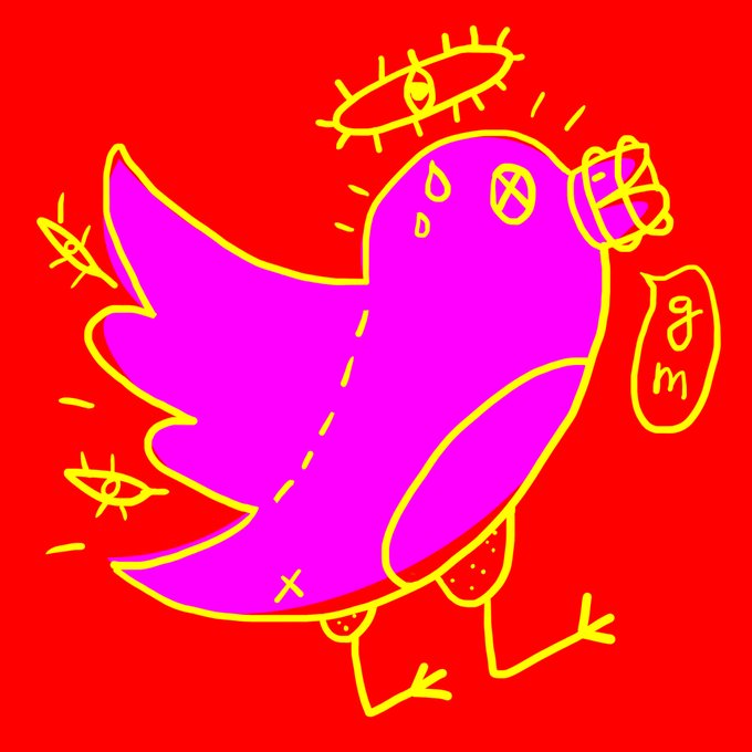 A simple digital drawing of a purple, bird-like creature with yellow outlines on a red background, surrounded by floating eyes and a speech bubble reading 'g m'.