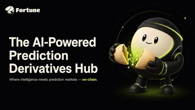 The image is a promotional banner for Fortune featuring a ninja-like mascot holding a glowing fortune cookie, with text reading "The AI-Powered Prediction Derivatives Hub" and the tagline "Where intelligence meets prediction markets — on-chain." The mascot's fortune cookie visually reinforces the brand's "Fortune" name, while the glowing effect and tech-inspired design align with the post's message about combining AI intelligence with on-chain prediction derivatives like perpetuals and options.