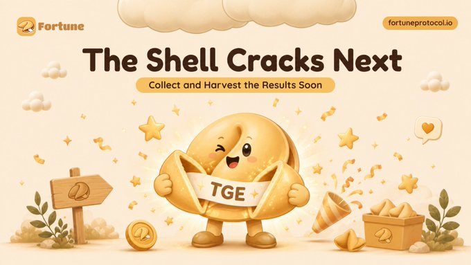 The image is a promotional graphic for Fortune Protocol (fortuneprotocol.io), featuring a cute golden fortune cookie mascot holding a banner reading "TGE" amid starry confetti and a treasure chest, with the headline "The Shell Cracks Next – Collect and Harvest the Results Soon." It visually teases the upcoming Token Generation Event (TGE) and other milestones mentioned in the post, such as new markets, lending module beta, and ecosystem expansion, symbolizing the "shell cracking louder" as Fortune Protocol's journey progresses after its first 30 days.