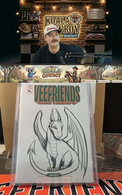 A YouTube video screenshot from 'KOALA COWBOY' featuring a custom VeeFriends card by Guy Fieri, displaying a dragon design with a 'Custom Cover' label.
