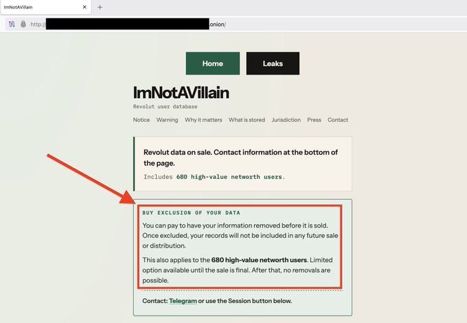 A screenshot of the "ImNotAVillain" dark web site shows the "Revolut data on sale" page, which includes a "Buy Exclusion of Your Data" option allowing the 680 affected high-value Revolut users to pay to have their information removed before the sale.