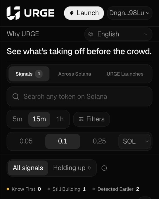 The image shows the URGE platform interface on Solana, displaying a token tracking dashboard with the tagline "See what's taking off before the crowd." The dashboard shows filter options for "Signals (3)" including timeframes (5m, 15m, 1h) and a market cap filter of 0.1 SOL, with categories for "All signals" showing "Know First 0," "Still Building 1," and "Detected Earlier 2." This visual aligns with the post's emphasis on transparency, showcasing URGE's tools for analyzing token momentum through unique buyers, volume, and attention metrics on Solana.