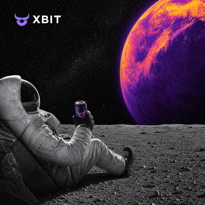 An XBIT advertisement showing an astronaut sitting on the moon's surface holding a purple energy drink can, with a fiery planet visible in the background.