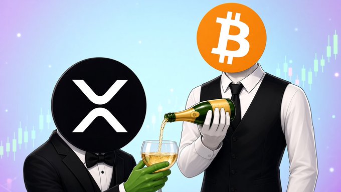 Two anthropomorphized figures in formal attire—a tuxedoed XRP logo with green-gloved hands holding a wine glass, and a vested Bitcoin logo pouring champagne—celebrate together against a gradient backdrop with candlestick charts, visually symbolizing the hypothetical scenario of XRP overtaking BTC in market dominance.