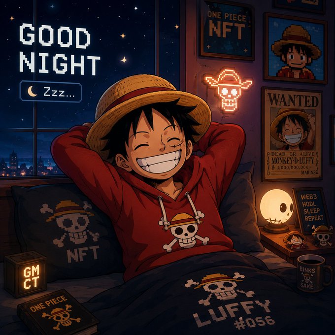 An anime-style illustration of Monkey D. Luffy from One Piece sleeping in bed, with 'GOOD NIGHT Zzz...' text, a 'WANTED' poster for Luffy with a bounty of '3,000,000-', and NFT-themed decorations including 'ONE PIECE NFT' and 'GM GT'.