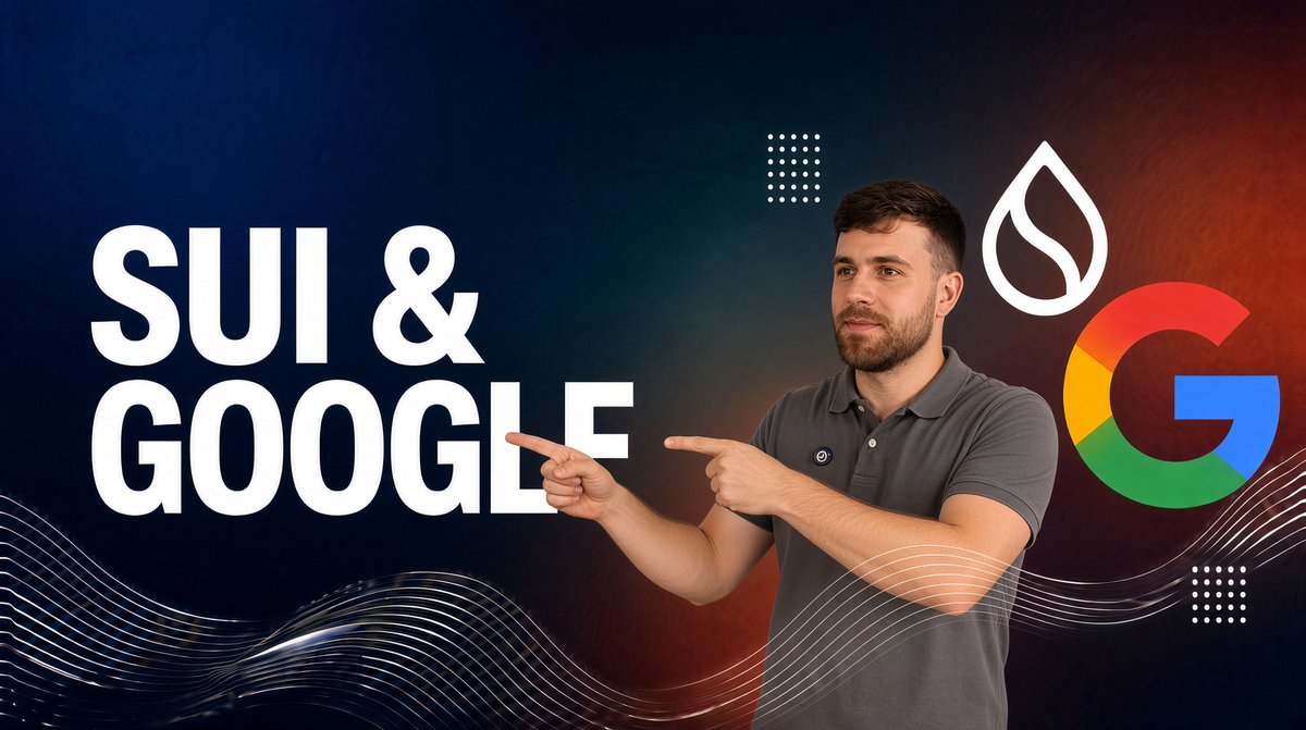 A promotional image featuring a man pointing toward text "SUI & GOOGLE" alongside the Sui logo (a water droplet) and the Google "G" logo on a dark background.