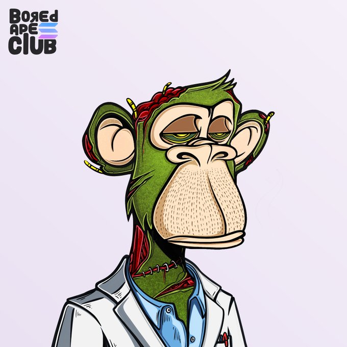 urn of blood, a green monster with a white face and red eyes, stands against a light purple background, wearing a white lab coat and blue shirt.