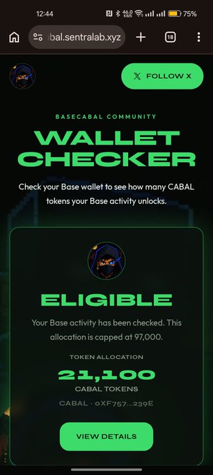 A mobile screenshot of the BaseCabal Community Wallet Checker showing an 'ELIGIBLE' status and a token allocation of 21,100 CABAL tokens.
