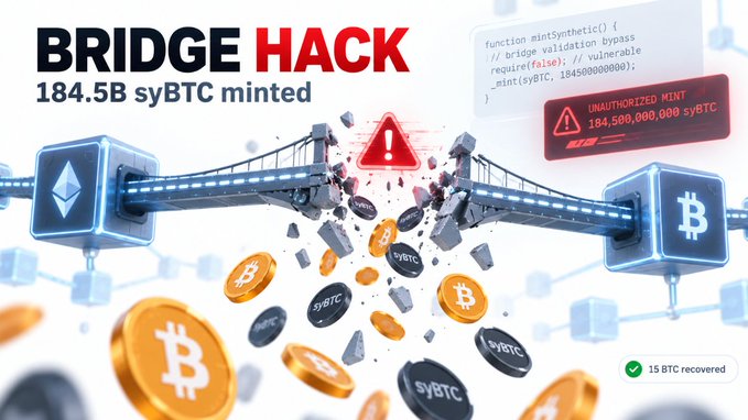 Crypto news banner reading 'BRIDGE HACK — 184.5B syBTC minted' depicting a broken Ethereum-to-Bitcoin bridge with 'UNAUTHORIZED MINT 184,500,000,000 syBTC' code snippet, and a note that '15 BTC recovered.'