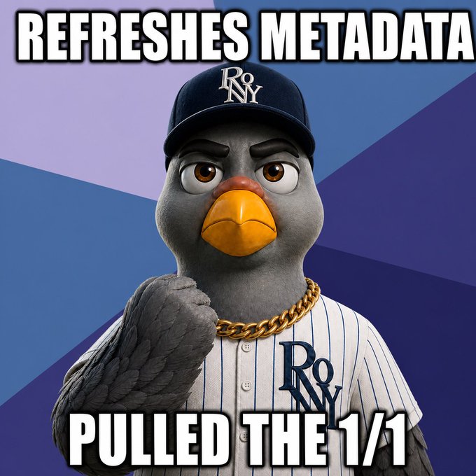 A pigeon mascot in a RONY baseball cap and gold chain meme captioned 'REFRESHES METADATA / PULLED THE 1/1'.