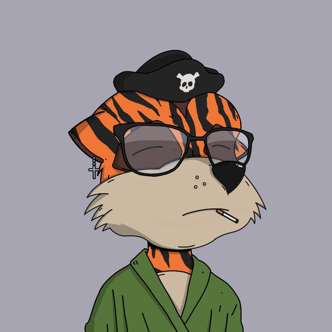 A cartoon illustration of an anthropomorphic character with orange and black tiger stripes wearing sunglasses, a skull-and-crossbones beret, a cross earring, and a green hoodie.