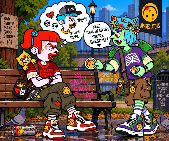 A colorful cartoon illustration depicting a rivalry between 'Salty Sally' and 'Appreciators' in a park setting, with Sally insulting 'KEVV' in a thought bubble while her green-haired companion offers encouragement.