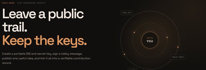 A dark digital graphic displays the text 'Leave a public trail. Keep the keys.' with smaller text about creating a portable DID and secret key, alongside an orbital diagram labeled 'YOU' at the center.
