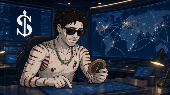 An animated illustration depicts a young man with sunglasses and blood-stained bandages examining a gold coin at a desk, with a world map showing network connections and a dollar sign logo in the background.