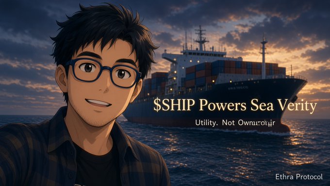 An anime-style man with glasses smiles beside a cargo ship at sunset, with text reading '$SHIP Powers Sea Verity' and 'Ethra Protocol.'