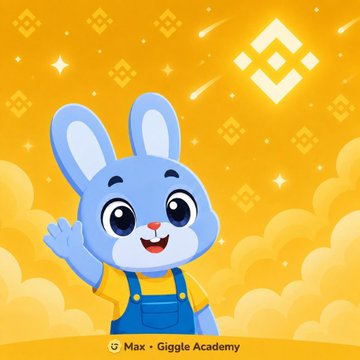A cheerful cartoon blue rabbit in overalls waving, set against an orange background with Binance-style logos, labeled 'Max • Giggle Academy' at the bottom.