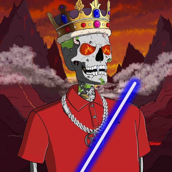 A digital illustration of a skeleton wearing a jeweled crown, red polo shirt, and pentagram necklace, wielding a blue lightsaber against a fiery red apocalyptic background.