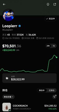 Mobile app screenshot of a stock/crypto portfolio showing the ticker "Loopier" at $70,501.36 with a +$50,043.99 gain, and a holding labeled "COCKROACH" at $14,285.52.