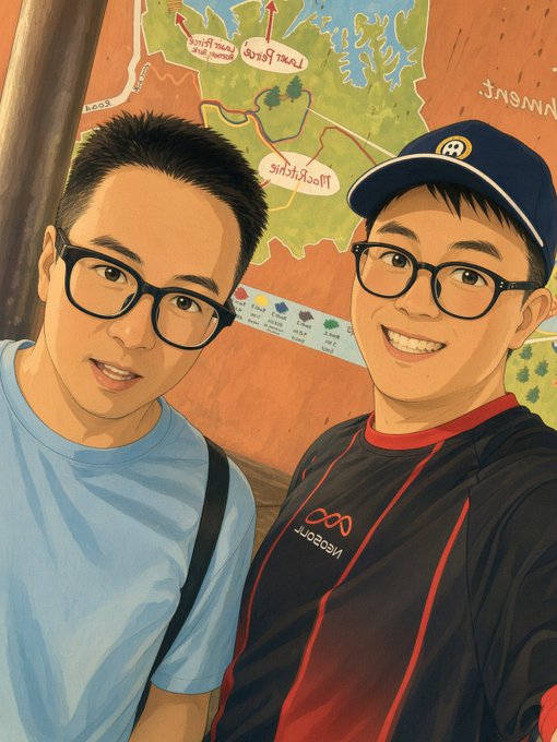 An illustrated portrait of two young Asian men wearing glasses, one in a Mario cap and the other in a black and red shirt, posed in front of a map.