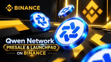 A promotional graphic featuring Binance and Qwen Network branding showcases the "Qwen Network Presale & Launchpad on Binance" announcement, with floating blue and gold Qwen coin tokens displayed against a digital background, visually supporting the post's message about the live presale offering 500,000 $QWEN tokens per 1 SOL on the Solana-based AI × Web3 platform.