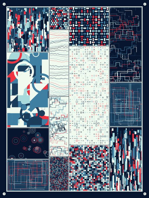 An abstract geometric artwork featuring a grid of panels with red, blue, and white shapes including pixels, rectangles, circles, and circuit-like patterns on a dark blue background.