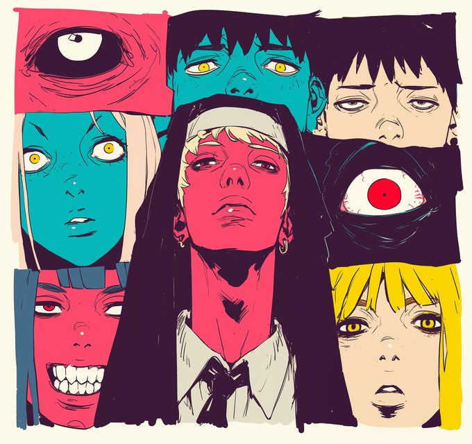 A stylized comic book illustration featuring multiple character faces arranged in a collage with bold pink, teal, yellow, and black colors, including a central figure dressed as a nun and a striking red eyeball.