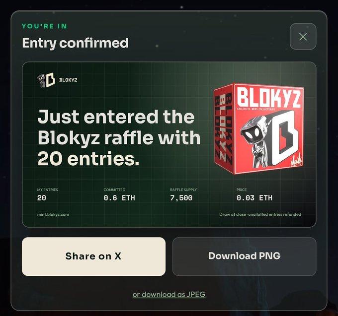 A confirmation screen for the BLOKYZ raffle showing an entry of 20 tickets for 0.6 ETH, with a raffle supply of 7,500 and a price of 0.03 ETH, featuring a red BLOKYZ box.