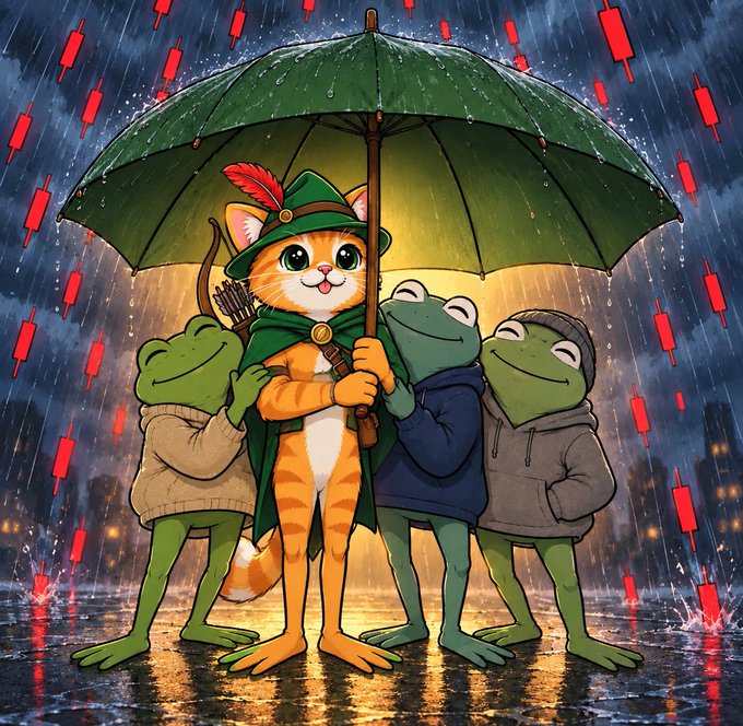 A whimsical digital illustration of a cat dressed as Robin Hood holding a green umbrella over three frogs wearing sweaters and hoodies, standing in the rain with red lanterns falling around them.