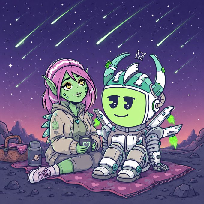 A digital illustration of a pink-haired, green-skinned alien girl and a green robot-like character sitting on a picnic blanket under a starry night sky with shooting stars.