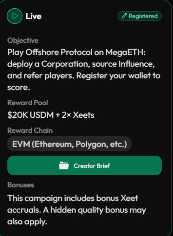 A campaign card on Xeet shows a "Play Offshore Protocol on MegaETH" objective with a $20K USDM + 2× Xeets reward pool on EVM chains, which the poster references as a tournament they refuse to join due to MegaETH being "megatrash."