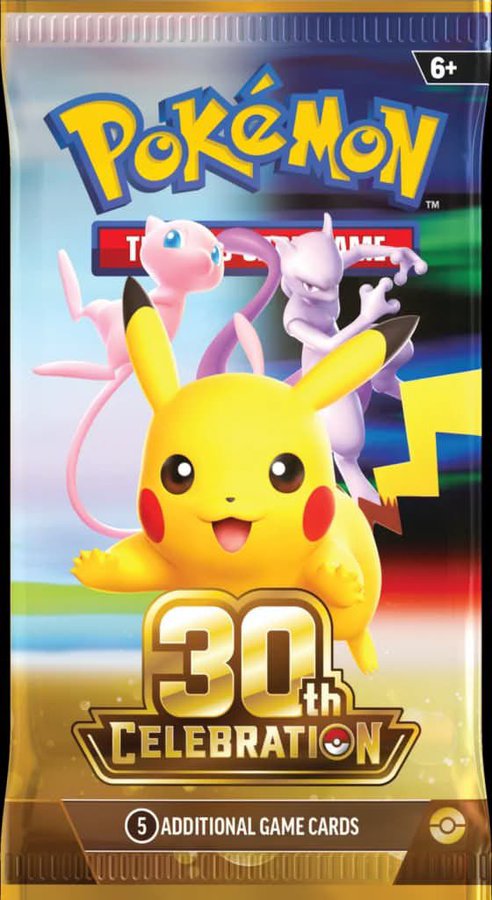 A Pokémon trading card game booster pack celebrating the 30th anniversary, featuring Pikachu, Mew, and Mewtwo, labeled "5 ADDITIONAL GAME CARDS."