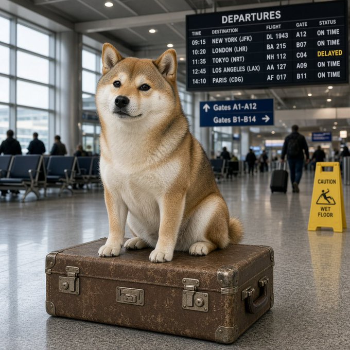 A Shiba Inu sits atop a vintage suitcase in an airport terminal beneath a departures board showing flights to New York, London, Tokyo, Los Angeles, and Paris—with the London (LHR) flight BA 215 marked "DELAYED." The scene ties to the post's joke about a delayed flight, using the iconic Doge meme dog (and its $DOGE ticker) as the stranded traveler awaiting takeoff to "destination one dollar."