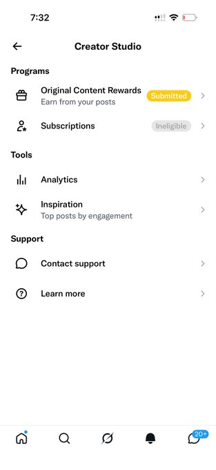 A Creator Studio screen on a mobile app shows "Original Content Rewards" marked as "Submitted" and "Subscriptions" marked as "Ineligible," supporting the caption's claim about progressing toward earning perks through consistent posting.