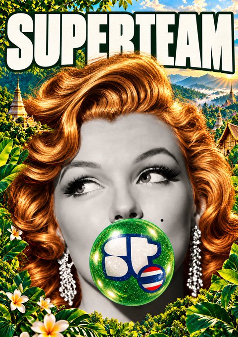 A movie poster titled "SUPERTEAM" features a woman with red hair blowing a green bubble gum bubble that has logos including "SF" and what appears to be Thai flag colors, set against a jungle landscape.