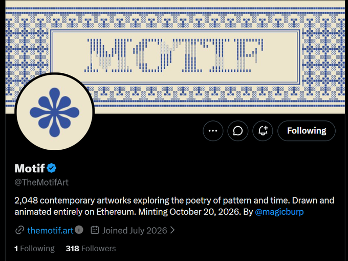 Twitter profile page for Motif (@TheMotifArt), a verified account showcasing a cross-stitch style banner with "MOTIF" spelled in pixelated blue lettering, describing the project as 2,048 contemporary artworks on Ethereum created by @magicburp. The image supports the post's announcement of an early project find, displaying the current stats of 318 followers and 1 following as referenced in the accompanying text.