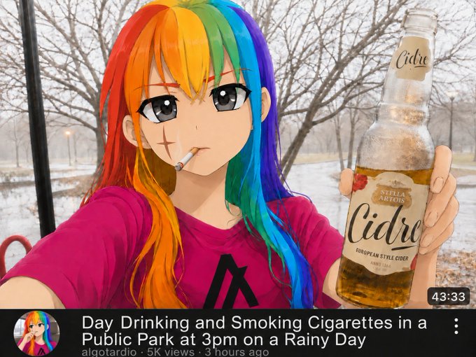 An anime-style VTuber avatar with rainbow hair holds a bottle of "Stella Artois Cidre European Style Cider" while smoking a cigarette in a rainy park, with the YouTube thumbnail showing "Day Drinking and Smoking Cigarettes in a Public Park at 3pm on a Rainy Day" by aigotardio (5K views, 3 hours ago) and a timer at 43:33.