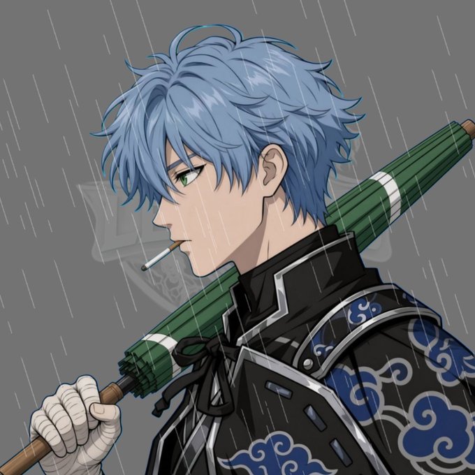 An anime-style illustration of a blue-haired character smoking a cigarette, wearing a black outfit with blue cloud patterns, and carrying a green umbrella on their back in the rain.