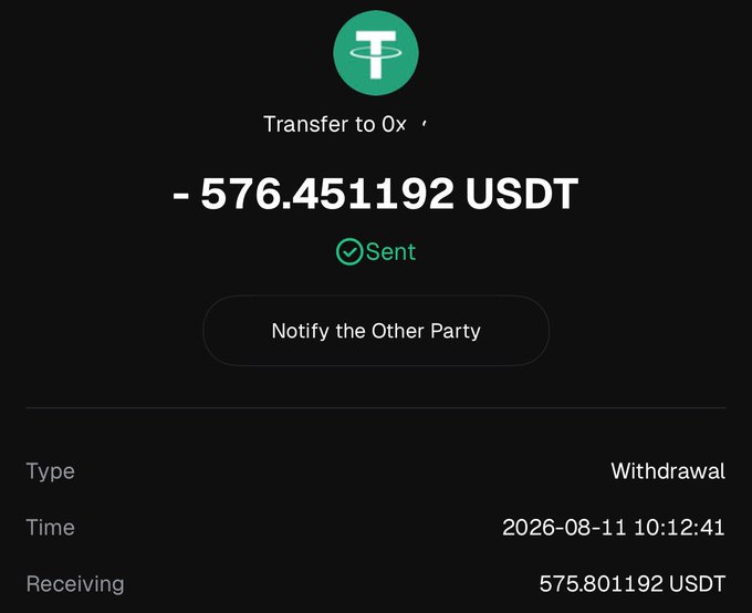 A digital wallet transaction confirmation showing a USDT transfer to the Ox address, displaying "- 576.451192 USDT" marked as Sent, with details including a withdrawal type and a timestamp of 2026-08-11 10:12:41.