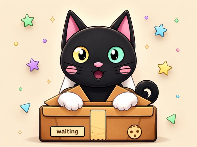 The image features a black cat sitting inside an open cardboard box with a cookie on top of it, surrounded by colorful stars. The caption below the image reads "I'm the dev behind $BOXCAT. A cat, a box, and one mission: wake the meme before it disappears forever. Every buy is a knock on the Box of Destiny. No fake promises. Just a meme, a community, and a dev ready to push from day one." The post seems to be promoting a meme or a series of memes related to cats, boxes, and cookies.