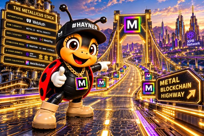 A digital illustration features a ladybug mascot wearing a black cap labeled '#HAYNER' and an 'M' pendant, standing before a glowing highway sign reading 'METAL BLOCKCHAIN HIGHWAY' and a tech stack diagram titled 'THE METALLICUS STACK' listing layers like Authentication, EVM | Identity, DeFi | Custody, Stablecoin Index, A-Chain Subnets, and Layer 0 Blockchain.