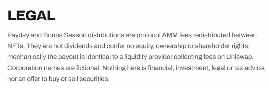 A 'LEGAL' disclaimer text explains that Payday and Bonus Season distributions are protocol AMM fees redistributed between NFTs, not dividends, and clarifies that nothing is financial or investment advice.