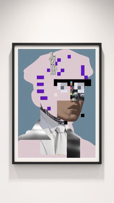 A framed digital art piece displays a pixelated, glitch-style portrait of a person wearing glasses against a blue background, with the text "R3MIX" composed of small squares at the top. The artwork serves as a remix artwork created on the R3MIX app, featuring a fragmented, blocky aesthetic that exemplifies the digital NFT art style referenced in the caption.
